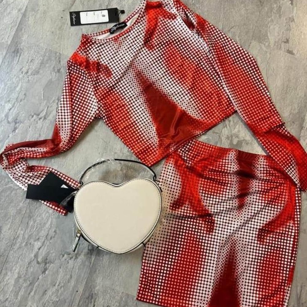 Distorted Graphic Red  Crop Top & Skirt Co-ord 2pc 8